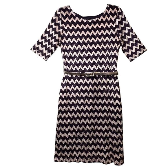 Connected Apparel Dress Womens 10 Black Gold Chevron Metallic Belted A-Line - Picture 2 of 13